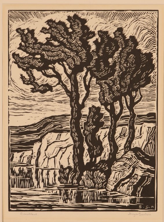 BIRGER SANDZEN (1871-1954) PENCIL SIGNED LINOCUT: Titled 'Creekbank' lower left, pencil signed lower right and initials in the plate, image size 12 x 8.75 inches, frame measures 21 x 17.5 inches. We ship in-house for all but very large and or very fr