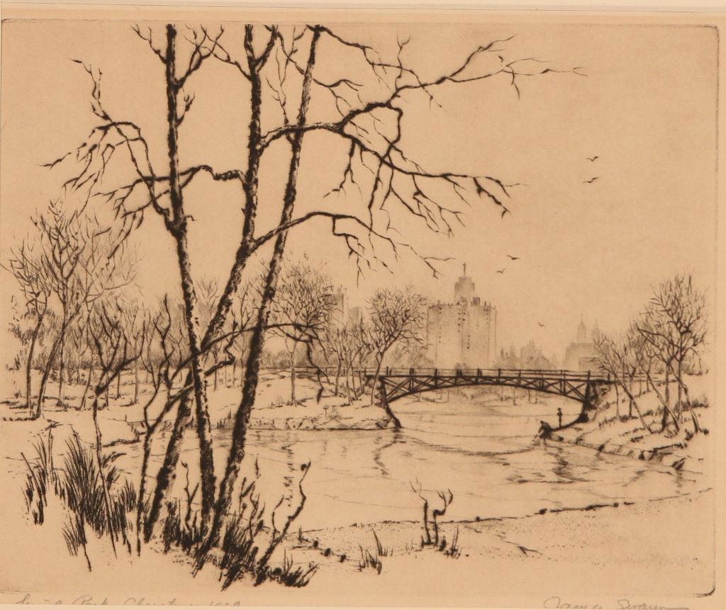 JAMES SWANN (1905-1985) PENCIL SIGNED DRYPOINT ETCHING: Titled 'Lincoln Park. Christmas 1958' lower left, signed lower right, quarter sheet with an upper deckled edge, image size 8 x 9.75 inches, frame measures 14.75 x 16 inches. We ship in-house for all b