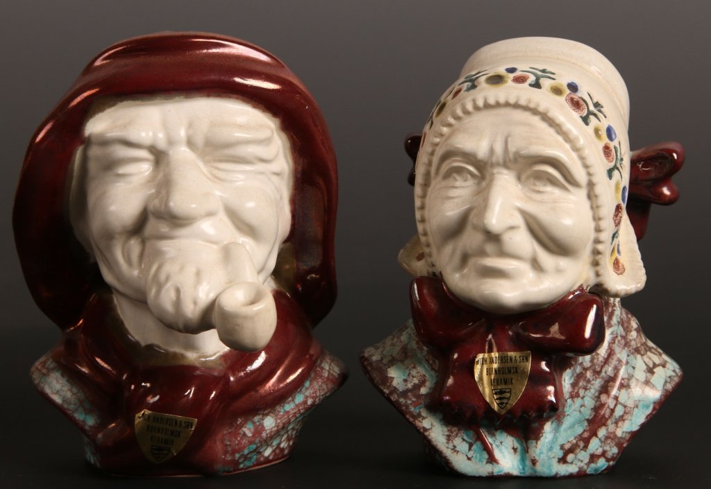 MICHAEL ANDERSEN DANISH CERAMIC BUST PAIR: Man and women bust pair with interesting crackle type glaze. Each retains two original paper labels. Two pieces with the smaller piece measuring 5.75 x 4.5 inches, and the larger piece measuring 5.5 x