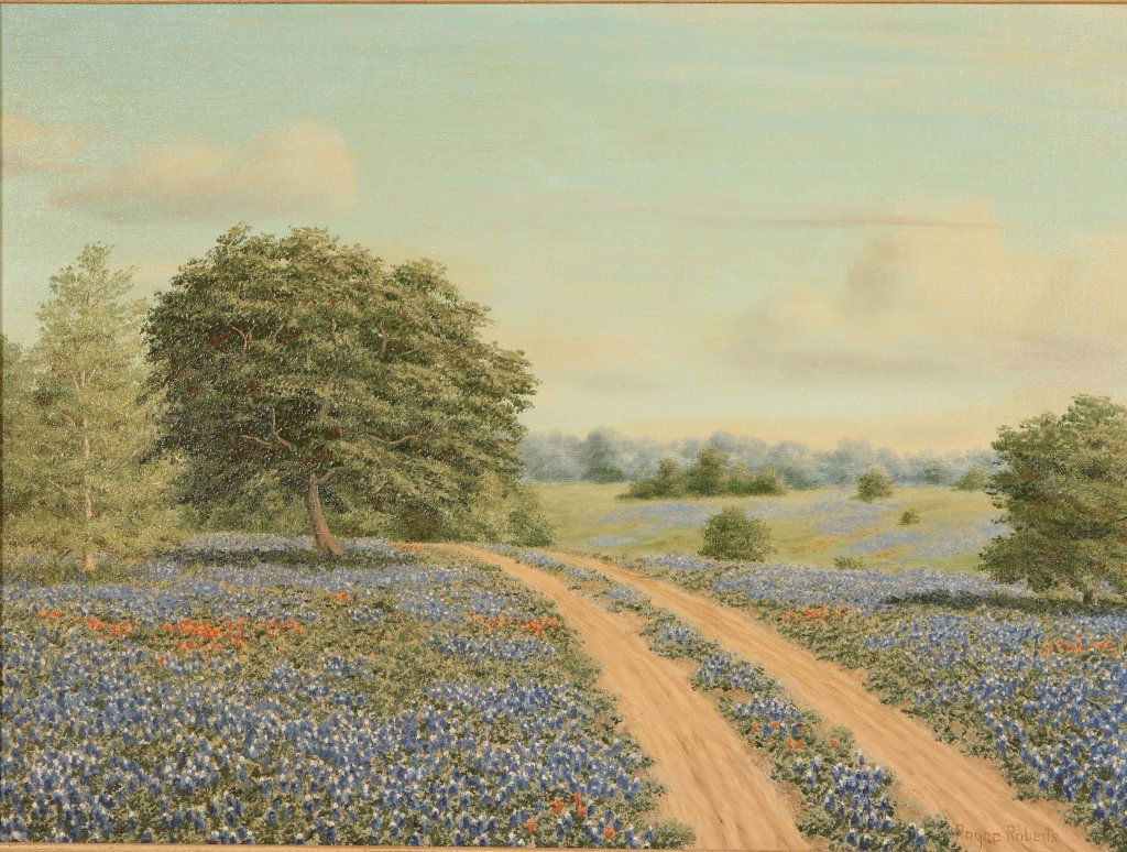 ROYCE ROBERTS (1928- ) OIL ON CANVAS: Landscape impasto technique, signed lower right, canvas measures 18 x 24 inches, frame measures 22.25 x 28.25 inches. We ship in-house for all but very large and or very fragile items and some interna