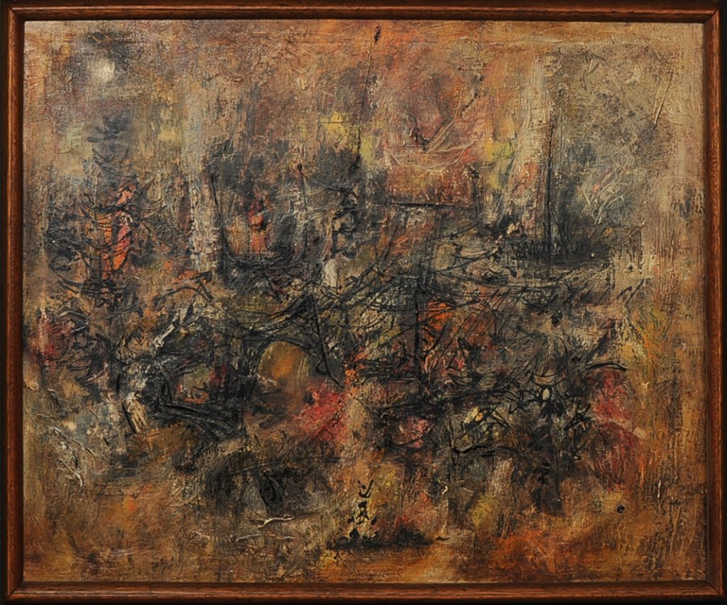 ATTRIB. REX EARL HALL (1924-2004) ENCAUSTIC ON CANVAS: Unsigned, noted verso on the stretcher 'made of wax and painted with a blow torch called 'Encaustic' Emporia, Kansas', attributed to Rex Hall with a gallery tag and dated 1959, titled 'Interrupted Con
