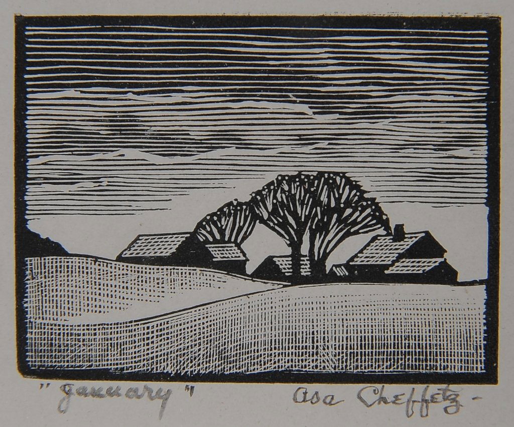 ASA CHEFFETZ (1897-1965) PENCIL SIGNED WOODBLOCK PRINT: Miniature print titled 'January' lower left, signed lower right, image size .75 x 1 inches, frame measures 11.5 inches. We ship in-house for all but very large and or very fragile items and some inter