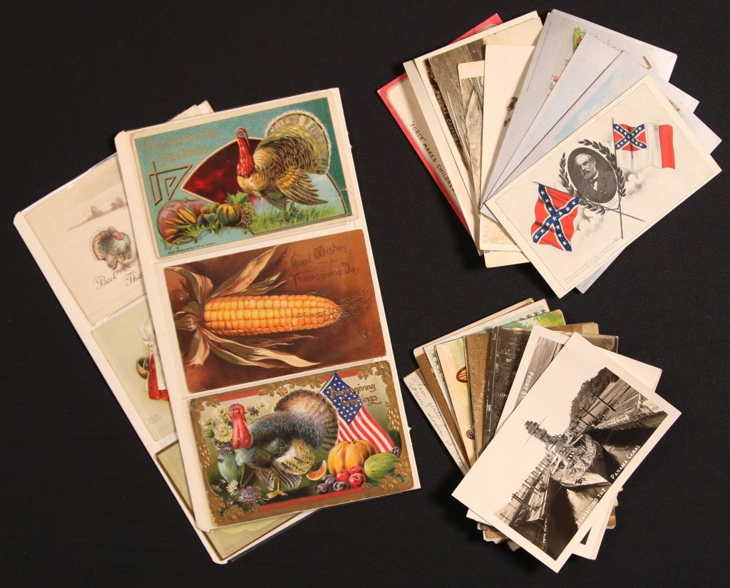 LOT OF ANTIQUE POST CARDS INCLUDING REAL PHOTO: Real photo post card views of tornado aftermath in Bison KS by Osborne Bros, interior of a church with christmas tree AZO back, main street looking west Geneva NE circa 1940 and others, plus five 1904