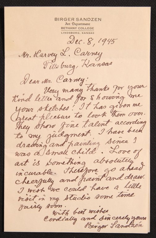 BIRGER SANDZEN (1871-1954) LETTER SIGNED: A letter dated December 8, 1945 thanking Mr. Harvey L. Carney of Pittsburg, KS for having sent sketches to Mr. Sandzen. The artist thanks Mr. Carney and invites him to his studio 'Sometime very soon.'