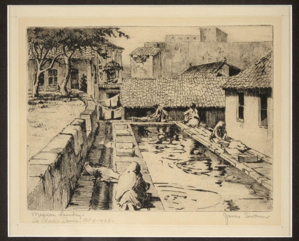 JAMES SWANN (1905-1985) PENCIL SIGNED ETCHING: Titled 'Mexican Laundry' lower left, signed lower right, dedication reads 'To Charlie Davies - Oct. 8 1938', plate measures 5.5 x 7.5 inches, frame measures 13.25 x 15.5 inches. We ship in-house for a