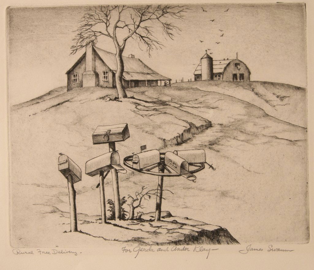 JAMES SWANN (1905-1985) PENCIL SIGNED ETCHING: Titled 'Rural Free Delivery' lower left, signed lower right, dedication reads 'For Gerda and Andor Klay', plate size 8 x 10 inches, sheet measures 10.5 x 12.5 inches, unframed. We ship in-house for al