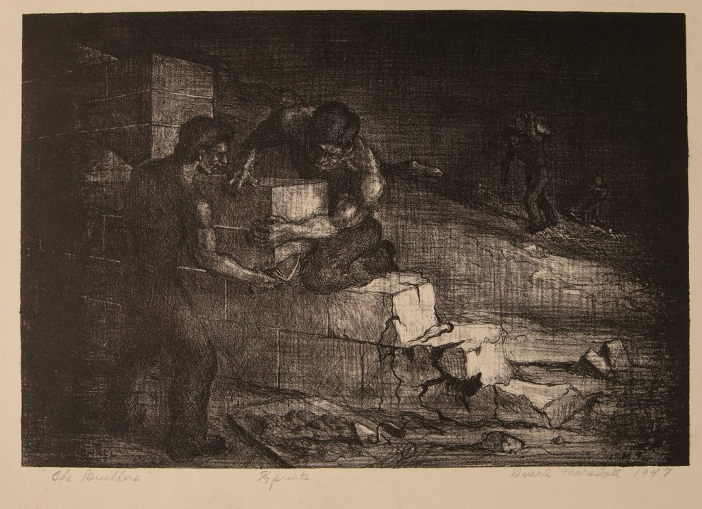 DUARD MARSHALL (1914-2010) PENCIL SIGNED LITHOGRAPH: Titled 'The Builders' lower left, edition '5/7 prints' lower center, signed lower right and dated 1947, image size 8.5 x 12.5 inches, sheet measures 9.5 x 14 inches, unframed. We ship in-house for all