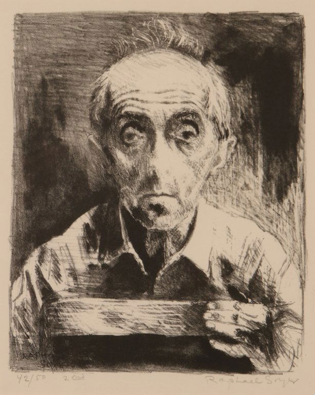 RAPHAEL SOYER (1899-1987) PENCIL SIGNED LITHOGRAPH: Edition 42/50 lower left, signed lower right and again in the plate, image size 10 x 8.25 inches, deckled sheet measures 13 x 11 inches, frame measures 19.5 x 15 inches. We ship in-house for all but v