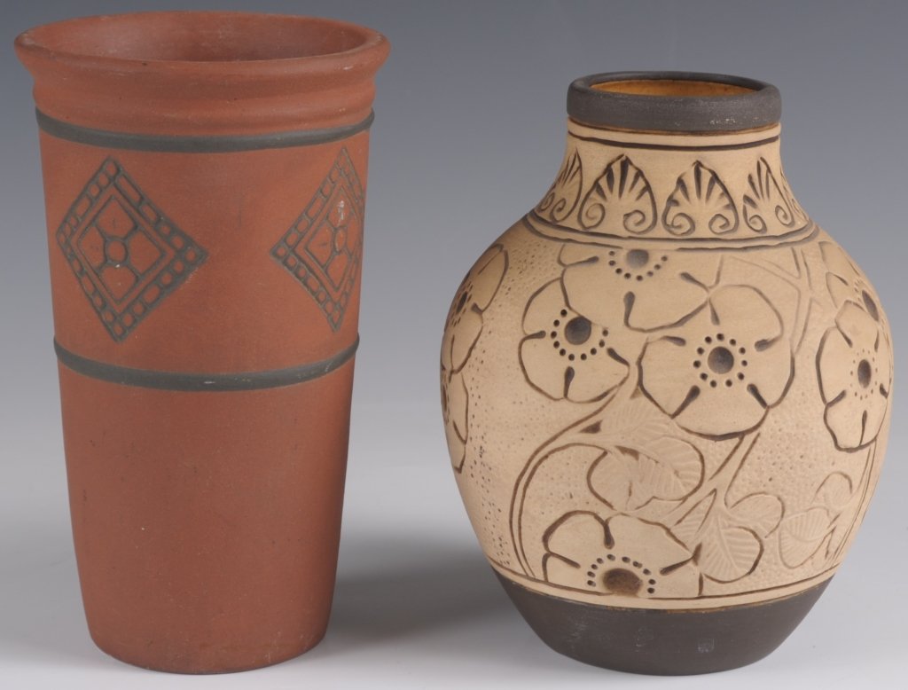 TWO PIECES OF WELLER ART POTTERY: Including a Claywood vase and a Parian vase. Neither piece is marked. Two pieces, with the smaller piece measuring 6.5 x 4.5 inches, and the larger piece measures 7 x 4 inches. We ship in-house for al