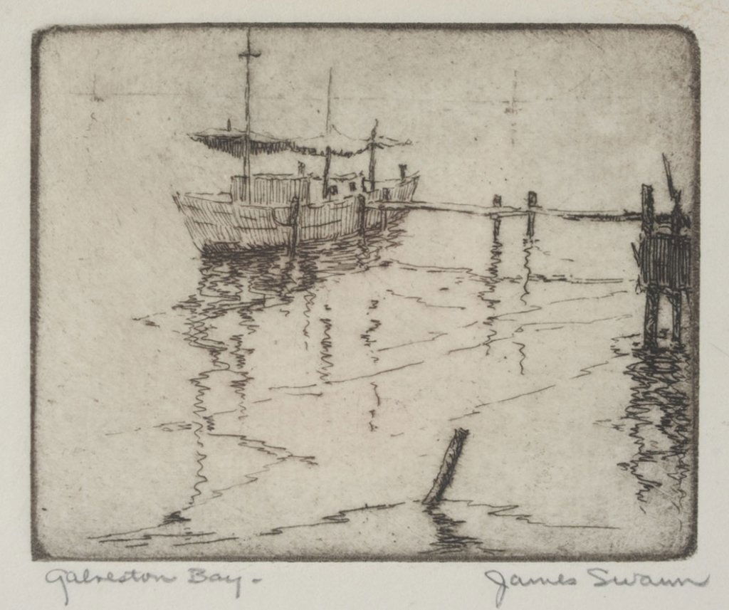 JAMES SWANN (1905-1985) PENCIL SIGNED ETCHING: Titled Galveston Bay lower left and signed lower right. Image size 2.5 x 3 inches, overall sheet size 4.5 inches square. Displayed in and ornate brass frame 14 x 9". We ship in-house for all but very
