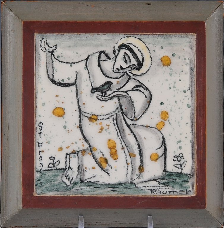 LESTER RAYMER (1907-1991) GLAZED POTTERY TILE C. 1953: A circa 1953 glazed pottery tile in three colors depicting St. Francis and signed lower right. The tile itself measures 4" x 4" and is displayed in what appears to be the original frame with ink inscr