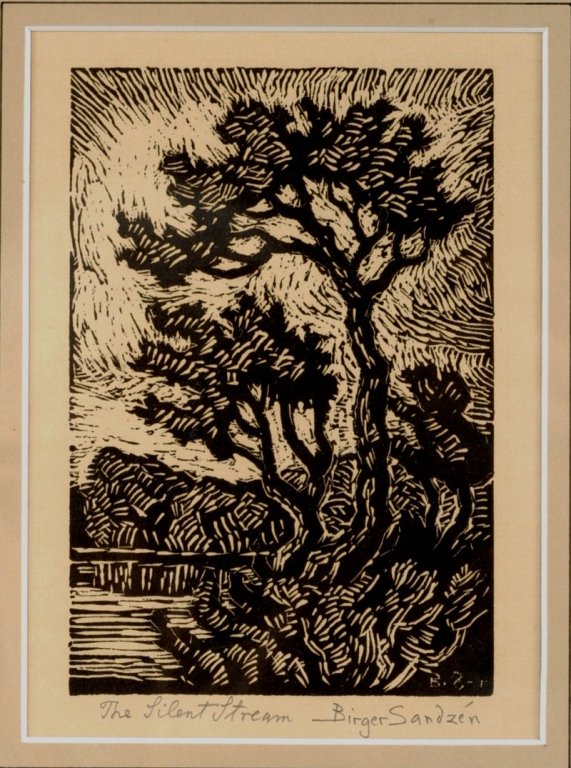 BIRGER SANDZEN (1871-1954) PENCIL SIGNED LINO CUT: Titled lower left THE SILENT STREAM and signed lower right, 11.5 x 9.5 inches overall. We ship in-house for all but very large and or very fragile items and some international shipments.