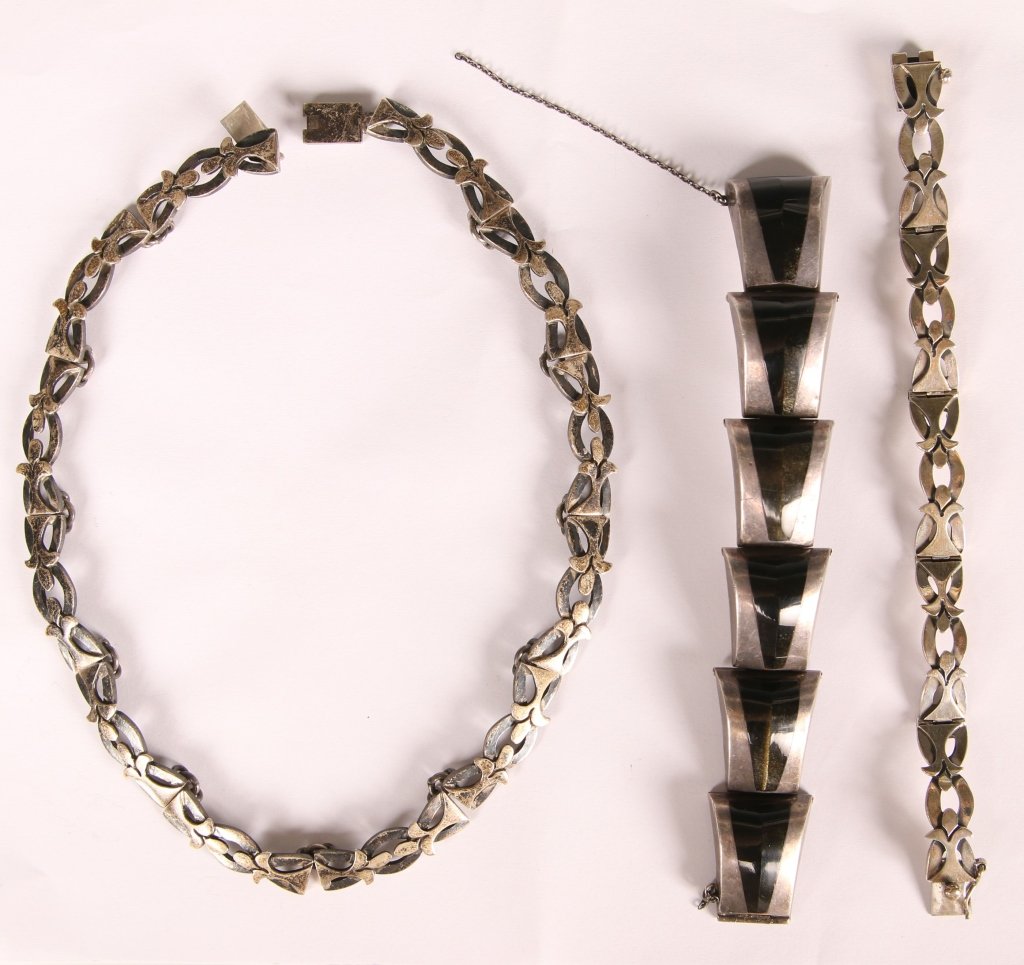 ENRIQUE LEDESMA TAXCO STERLING SILVER: Including a 6.5 inch bracelet signed Ledesma TAXCO 925, sterling silver with obsidian. Plus a two-tone choker and matching bracelet, sterling silver, signed TAXCO, bracelet measures 7.5 inches, neckla