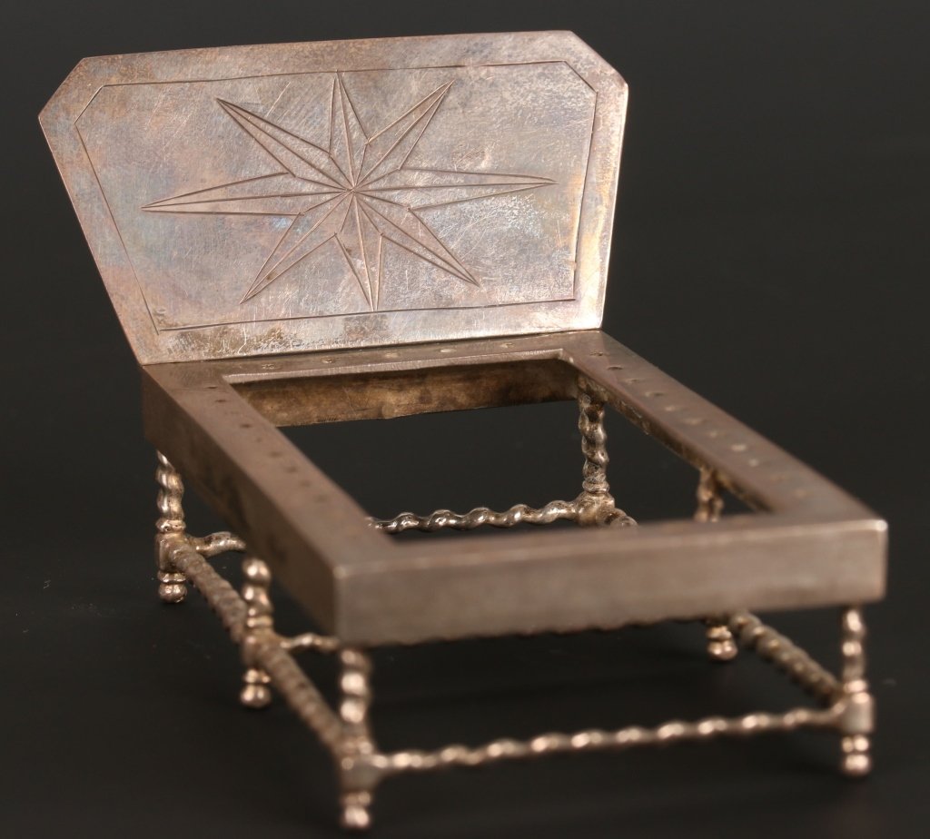 MINIATURE 18TH CENTURY DUTCH SILVER DAYBED: An Amsterdam .800 silver hallmarked Dutch William and Mary style silver daybed with engraved decoration, measures 1.75 x 3.5 x 2 inches. We ship in-house for all but very large and or very fragile ite