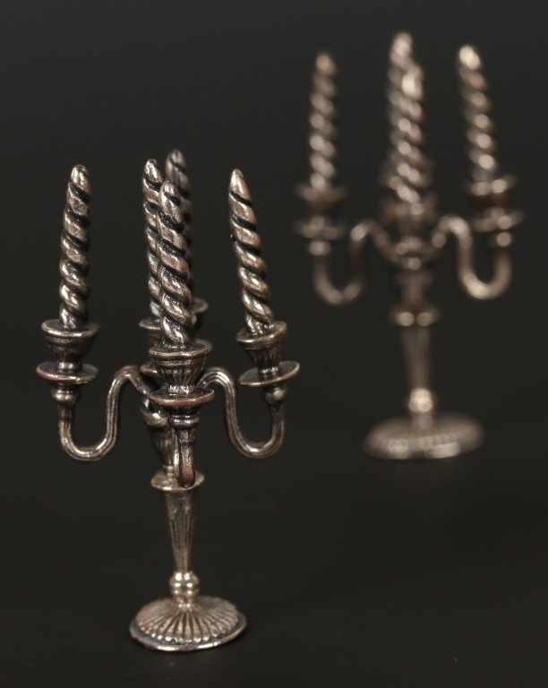 GERMAN STERLING MINIATURE CANDLEABRA PAIR: Hallmarked for sterling and signed 'Kuhn' for Gebruder Kuhn, measures 1.75 x 1 inches. We ship in-house for all but very large and or very fragile items and some international shipments.