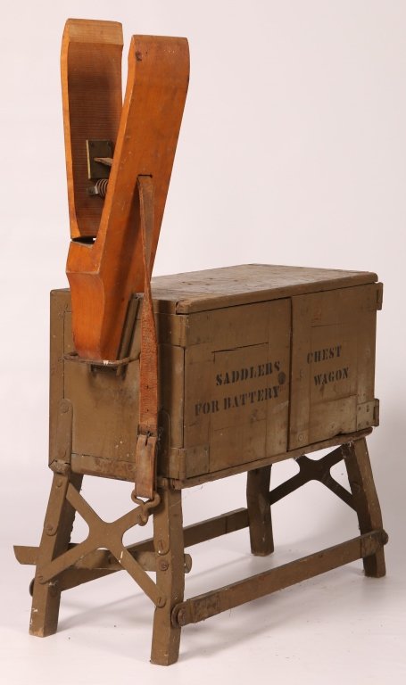 PRE 1900 CAVALRY SADDLERS CHEST: Olive drab finish wooden chest with hinged doors saddlers chest for battery wagon. Several hand tools included and assorted components, also fitted with removable vise for working on leather and repai