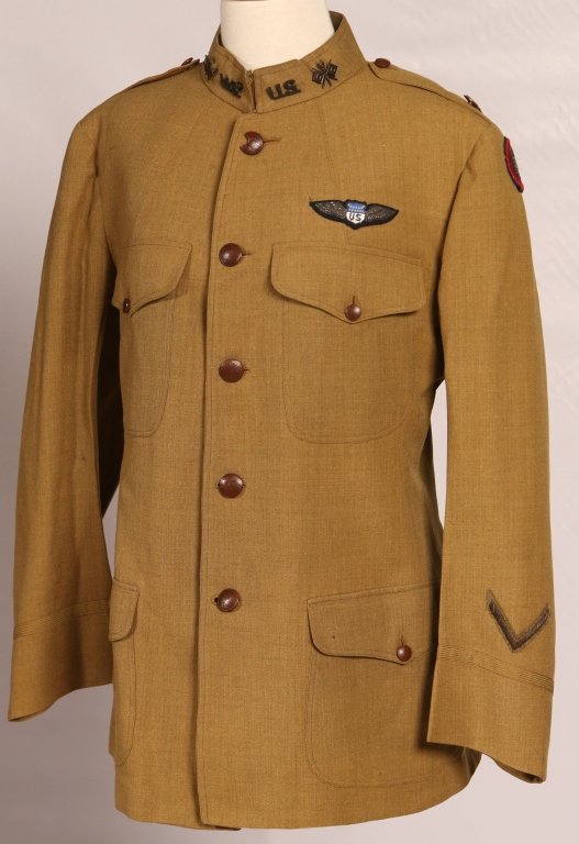 WWI ARMY AVIATORS SERVICE UNIFORM, ATTRIBUTED: Tailor made drab serge wool service coat features French made third Army patch on shoulder, metallic emblems are all pin back and includes majors leaves on shoulder, US and signal branch device on col