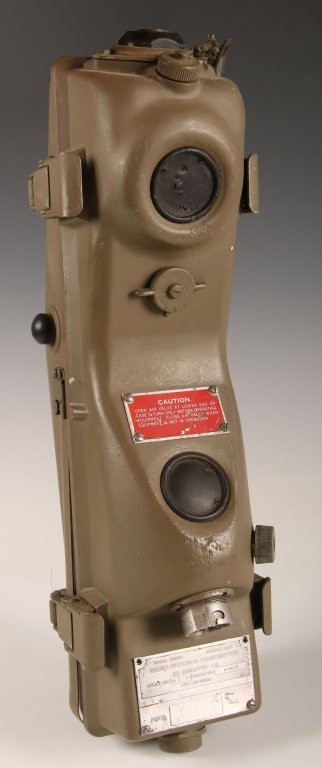 VIET NAM ERA TYPE PRC6A WALKIE TALKIE FIELD RADIO: Olive drab aluminum housing with closure fasteners for opening unit for servicing. Two different data plates are in place and intact. Complete with detachable antenna and adjustable sling. We ship in-