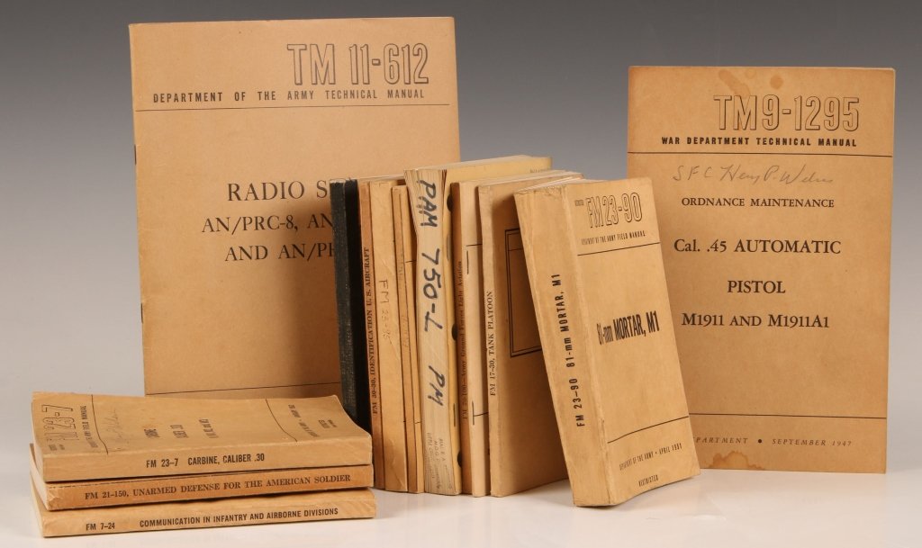 FOURTEEN DIFFERENT US MILITARY MANUALS ON SPECIAL: Variety dating from WWII to 1950s, includes Radio Sets Manual, Manual on .45 Automatic Pistol, Infantry Field Manual, Intelligence, 60mm Mortar, 81 mm Mortar, Signal Core Photographer, 30 caliber M1 R