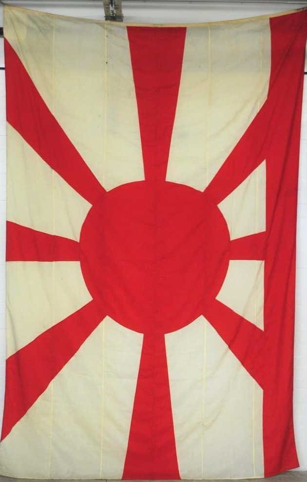 IMPERIAL JAPANESE NAVY VICE ADMIRAL FLAG: Fantastic example in multi-piece, worsted wool construction. Rope halyard sewn into bunting. Features hand stitched details in it’s construction. Excellent condition showing very little of it’s 70