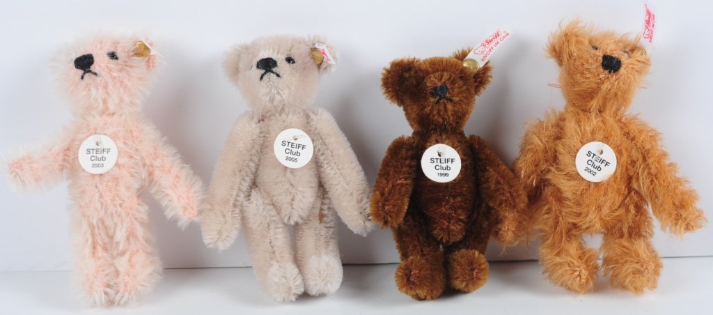 FOUR MINIATURE STEIFF CLUB TEDDY BEARS: 1999, 2002, 2003 and 2005 miniature mohair bears with buttons in ears with white tags, chest hang tags, measure 3.5 inches each.