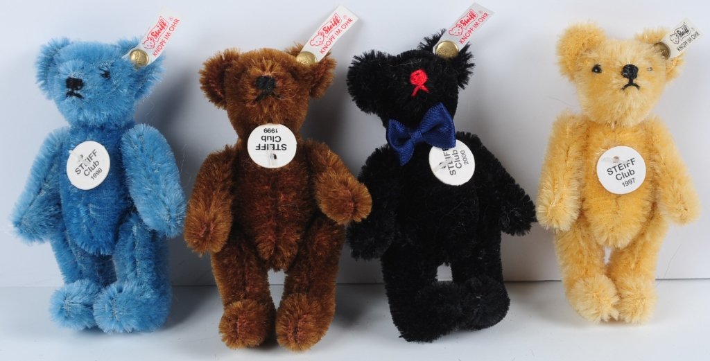 FOUR MINIATURE STEIFF CLUB TEDDY BEARS: 1997, 1998, 1999 and 2000 miniature mohair bears with buttons in ears with white tags, chest hang tags, measure 3.5 inches each.