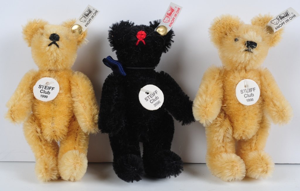 THREE MINIATURE STEIFF CLUB TEDDY BEARS: 1998, 1999 and 2000 miniature mohair bears with buttons in ears with white tags, chest hang tags, measure 3.5 inches each.