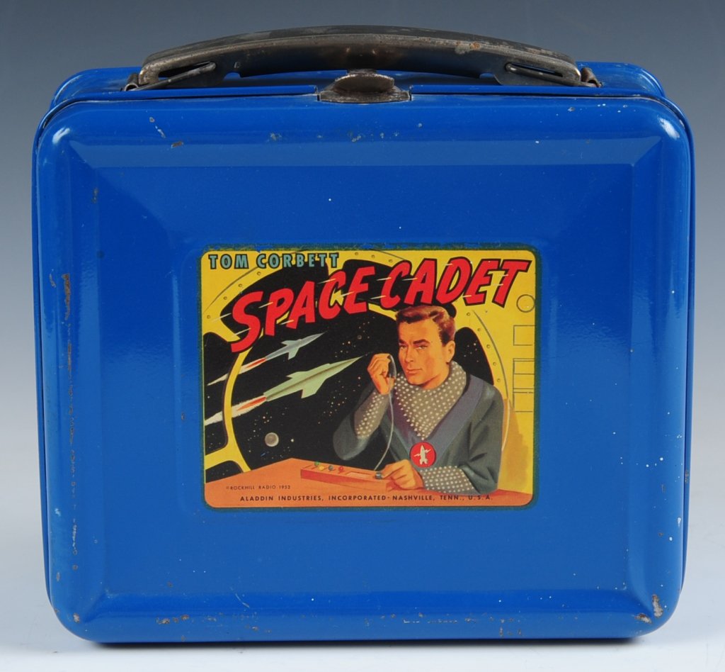 1952 TOM CORBETT SPACE CADET BLUE LUNCH BOX: Includes matching tin-litho thermos. Included note claims the box had never been used.