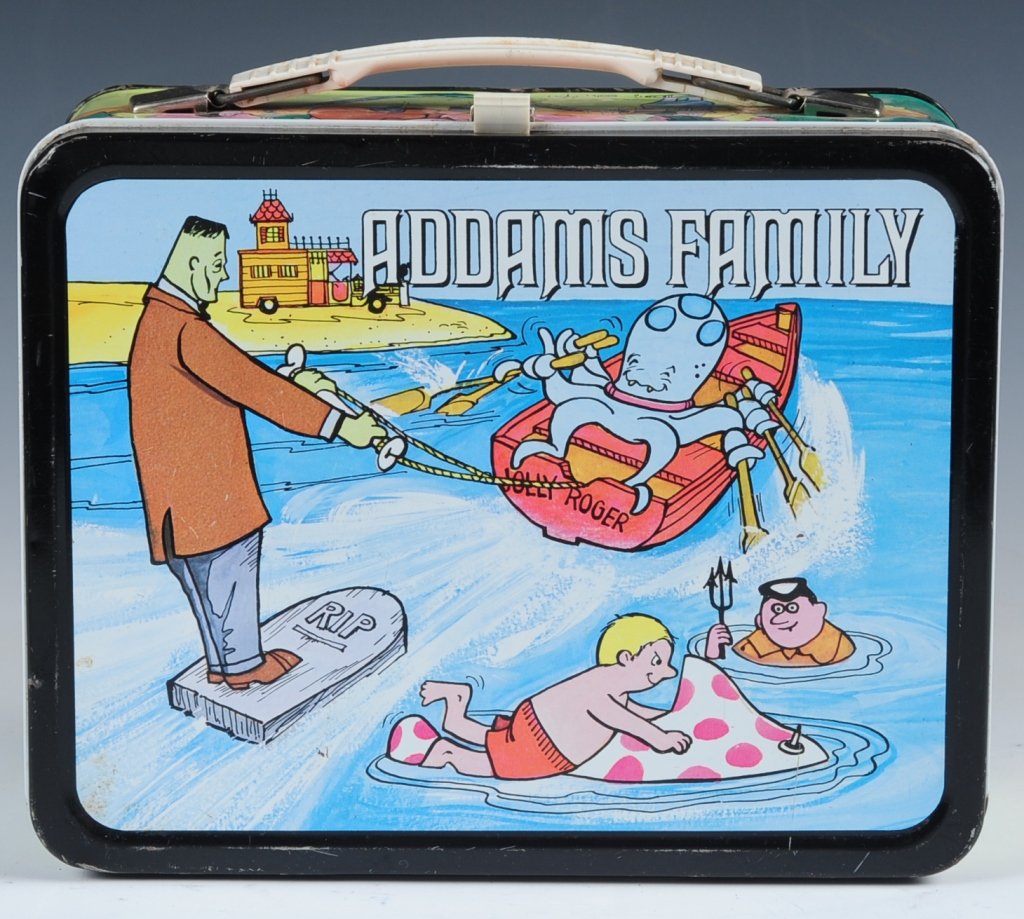 1974 ADDAMS FAMILY LUNCH BOX: Includes matching plastic thermos and wire thermos holder.