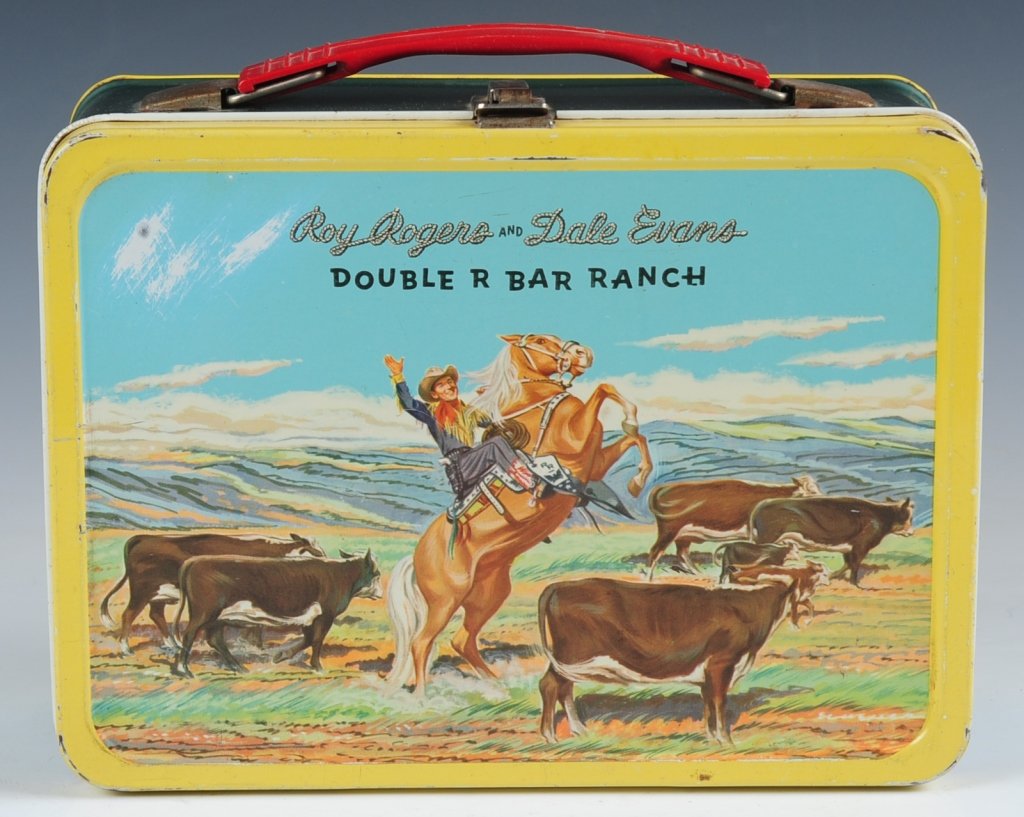 1950s ROY ROGERS & DALE EVANS DOUBLE R BAR RANCH: GREEN & YELLOW LUNCH BOX. Includes matching tin-litho thermos.