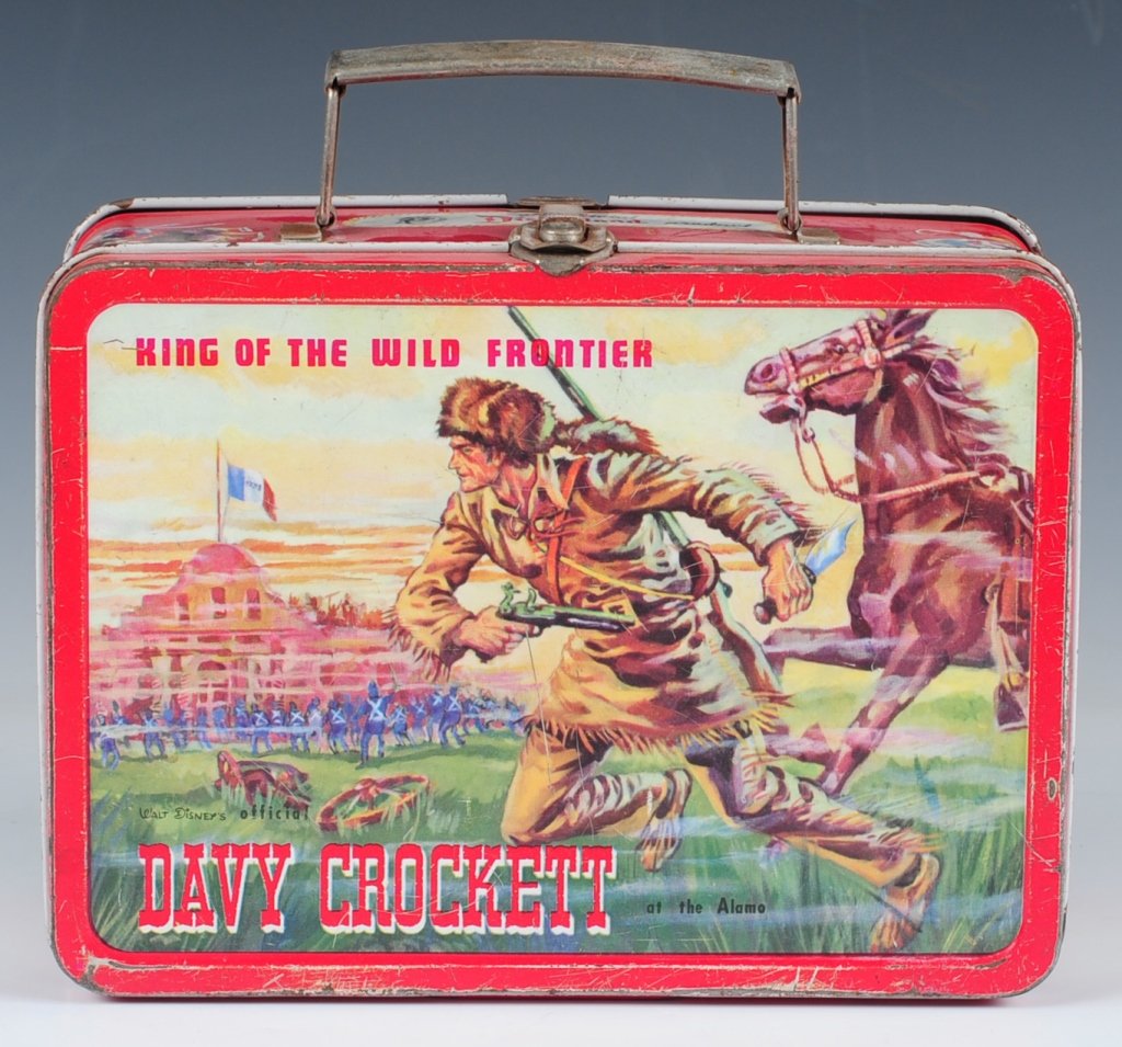 1955 DAVY CROCKETT AT THE ALAMO LUNCH BOX: Features Davy Crockett on one side and Kit Carson on the reverse.