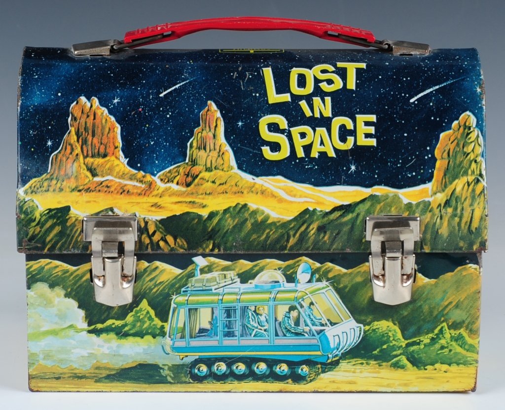 1967 LOST IN SPACE DOMED LUNCH BOX: Image is in good condition, noting some scratches and wear throughout. Box has extensive denting and spots of rust on the hinges.
