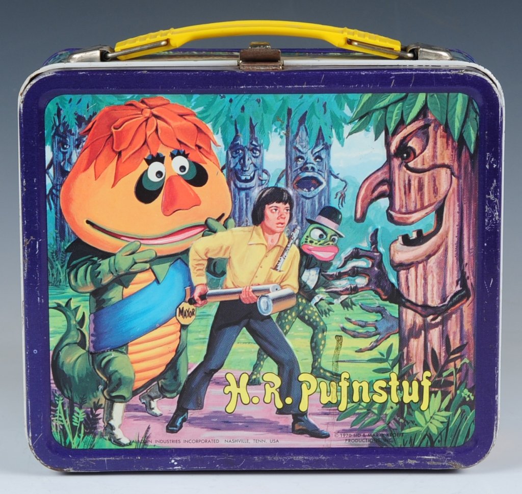 1970 H.R. PUFNSTUF LUNCH BOX: Includes matching plastic thermos and wire thermos holder.