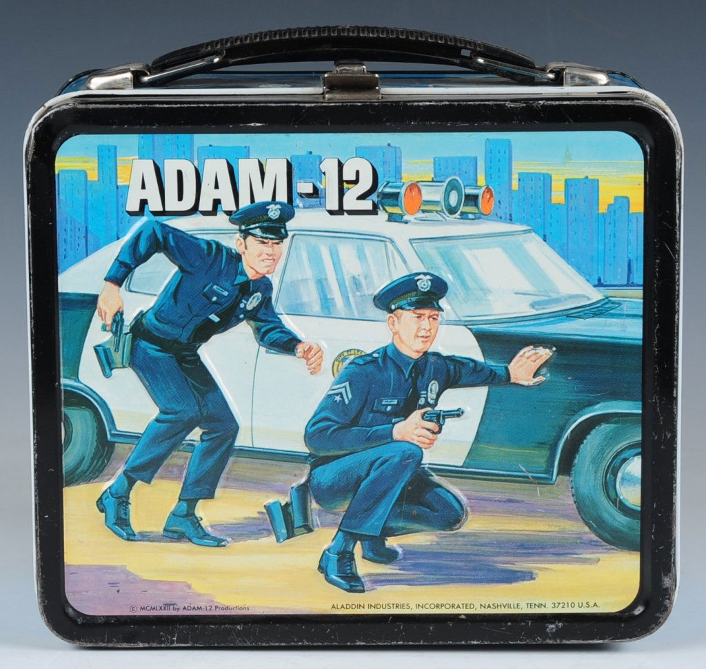 1972 ADAM-12 LUNCH BOX: Includes matching plastic thermos and wire thermos holder.