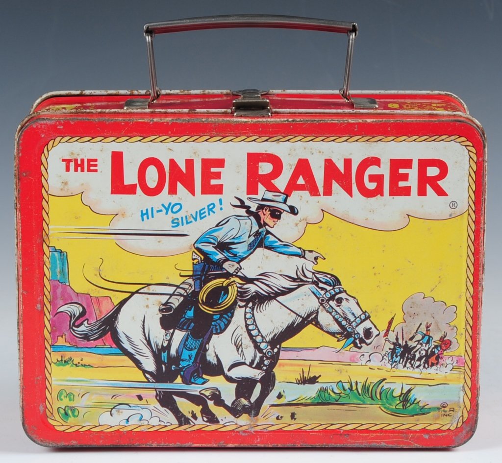 1954 LONE RANGER LUNCH BOX: Spotting throughout and wear and corrosion to the edges. A child's name is scratched to two sides of the box. Spots of rust to the inside.