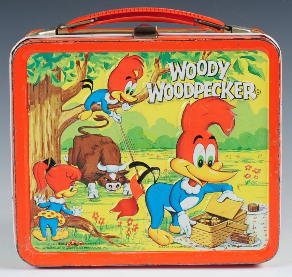 1972 WOODY WOODPECKER LUNCH BOX: Includes matching plastic thermos and a wire thermos holder.