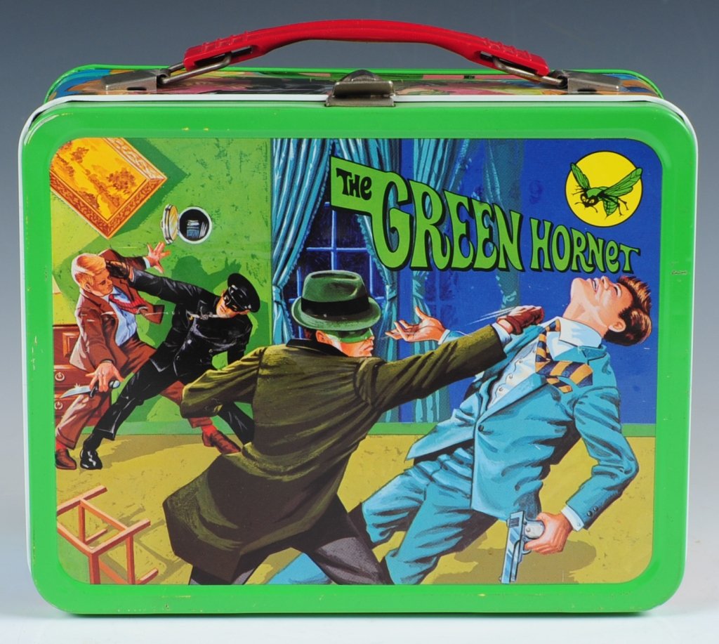 1967 THE GREEN HORNET LUNCH BOX: Includes matching tin-litho thermos and wire thermos holder.