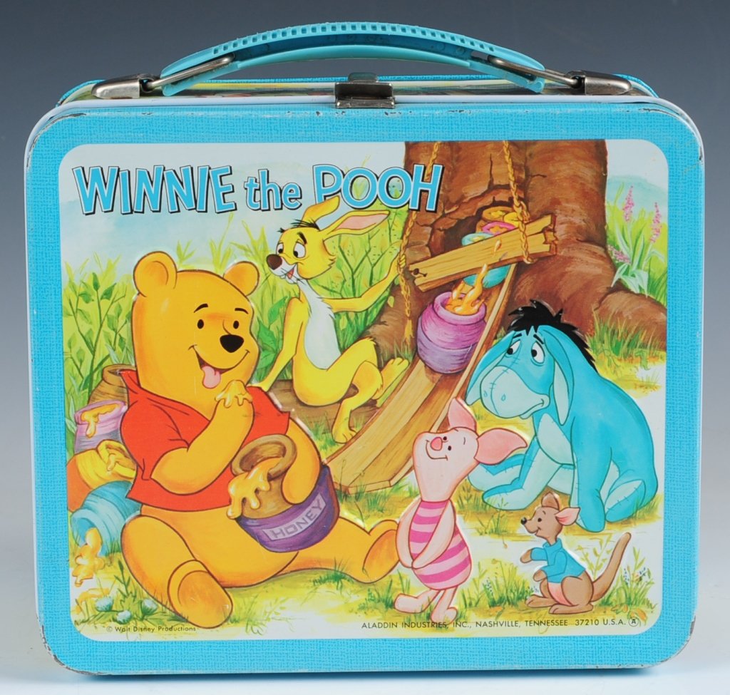 1967 WINNIE THE POOH LUNCH BOX: Embossed, includes matching plastic thermos and wire thermos holder.