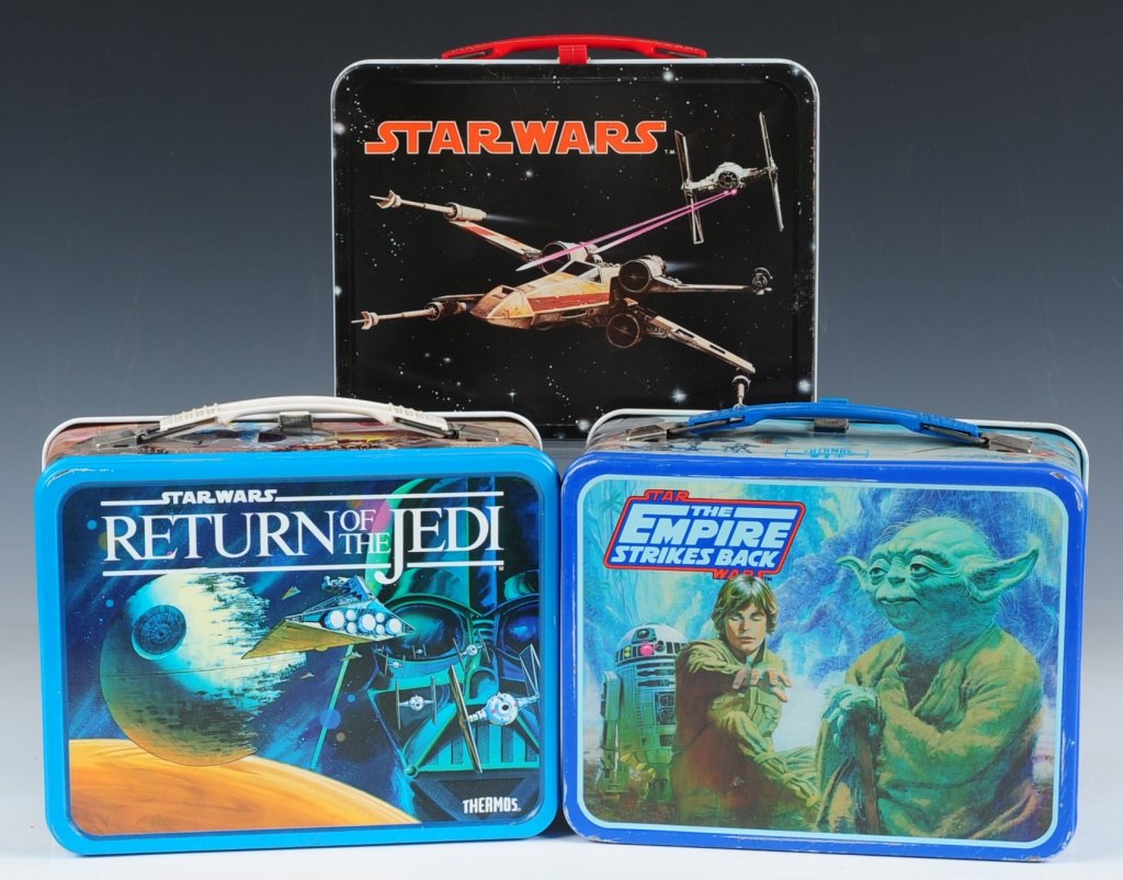 STAR WARS TRILOGY LUNCH BOX SET: Star Wars(1977), The Empire Strikes Back(1983), and Revenge of the Jedi(1983). All three have matching plastic thermoses.