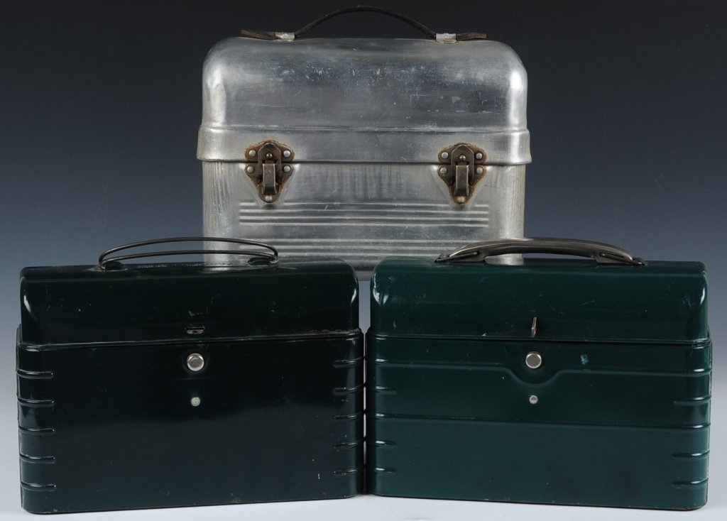 PAIR 1940s WORKMAN'S LUNCH DOMES PLUS ANOTHER: Two green painted domed lunch boxes with metal thermoses, plus an unpainted unmarked domed lunch kit with 'Non-Rust' embossed on the leather handle.