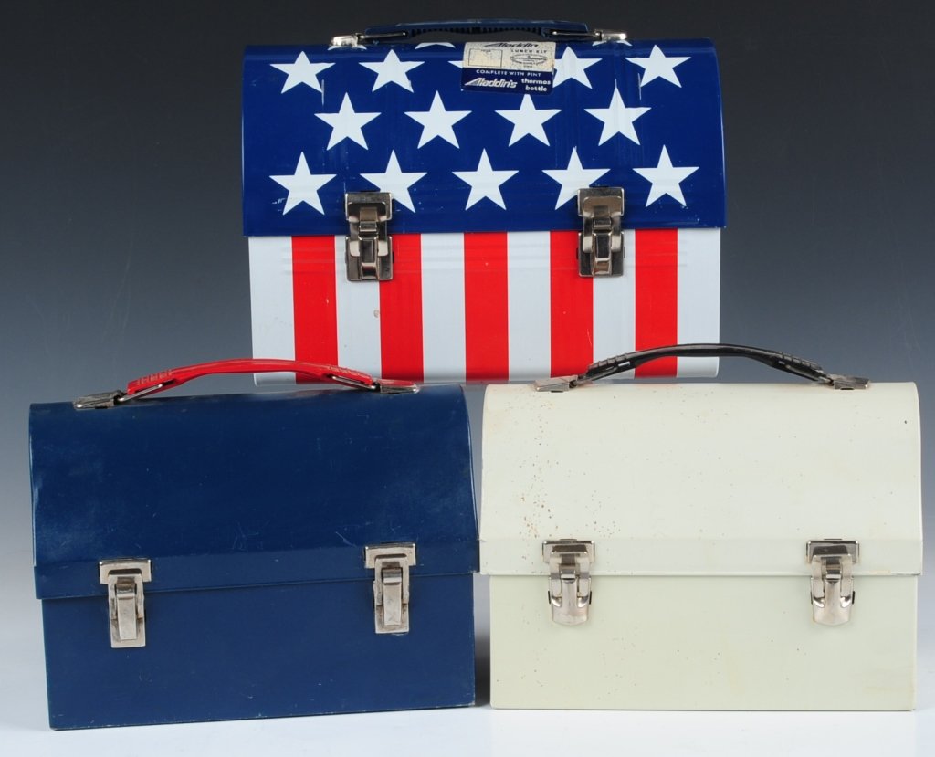 THREE PAINTED WORKMAN'S LUNCH DOMES: American flag painted lunch dome circa 1970s with matching plastic thermos and two other solid colored domes in beige and blue with matching tin-litho thermoses.