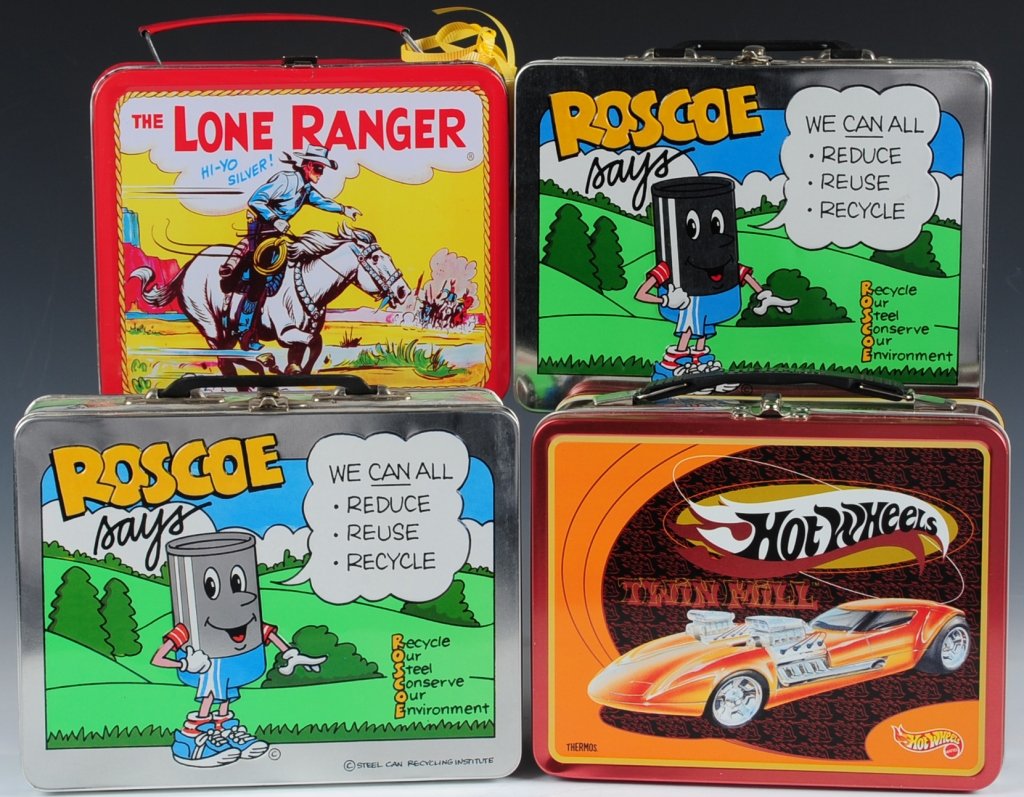 EIGHT ASSORTED MODERN LUNCH BOXES: Two Roscoe boxes, a Hot Wheels box(1998) with matching plastic thermos, three 90s recreations of classic boxes, a Batman, and an Einstein Bros. box.