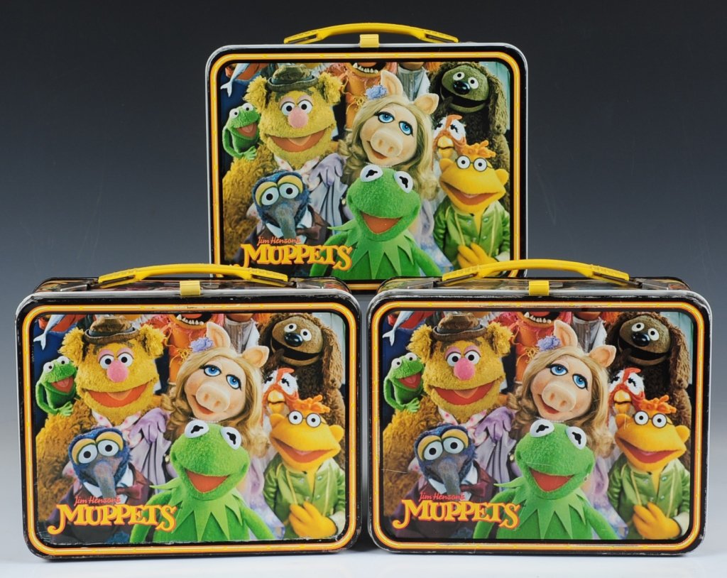 THREE THE MUPPETS(1979) LUNCH BOXES: Complete set, featuring Kermit the Frog, Fozzie Bear and Animal on the rear images. All three include matching plastic thermoses featuring Kermit the Frog.