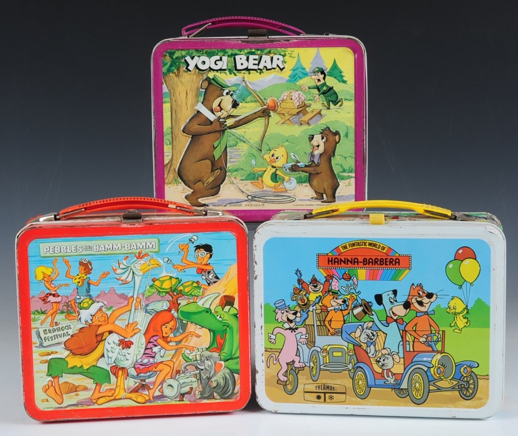 THREE HANNAH BARBERA CARTOON LUNCH BOXES: Pebbles and Bamm-Bamm(1971) with matching plastic thermos, Yogi Bear(1974) with matching plastic thermos plus The Funtastic World of Hannah Barbera(1977).