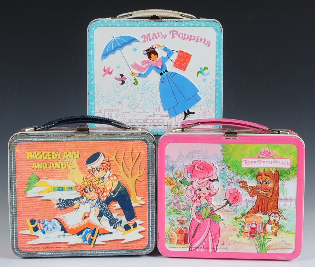 THREE GIRLS LUNCH BOXES: Includes Rose-Petal Place(1983) and Raggedy Ann and Andy(1973) with matching plastic thermoses and Mary Poppins(1964) with matching tin-litho thermos.
