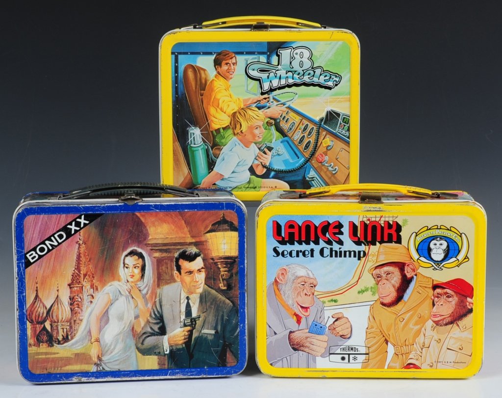 BOND XX(1966) PLUS TWO 1970s LUNCH BOXES: Includes Bond XX(1966), 18 Wheeler(1978) and Lance Link: Secret Chimp(1971) with matching tin-litho thermos.