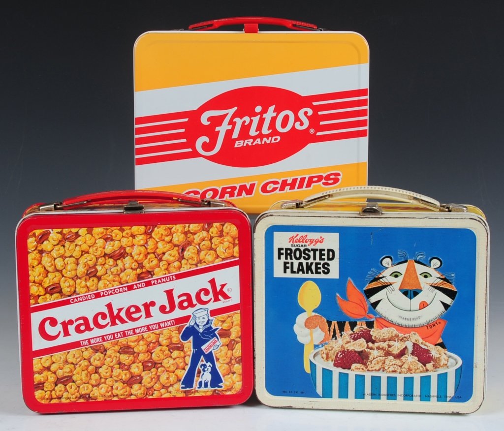 THREE SNACK AND CEREAL BRANDS LUNCH BOXES: Includes Frito-Lay(1975), Kellogg's Frosted Flakes/Rice Krispies(1969) with matching plastic thermos and Cracker Jack(1979) with matching plastic thermos.