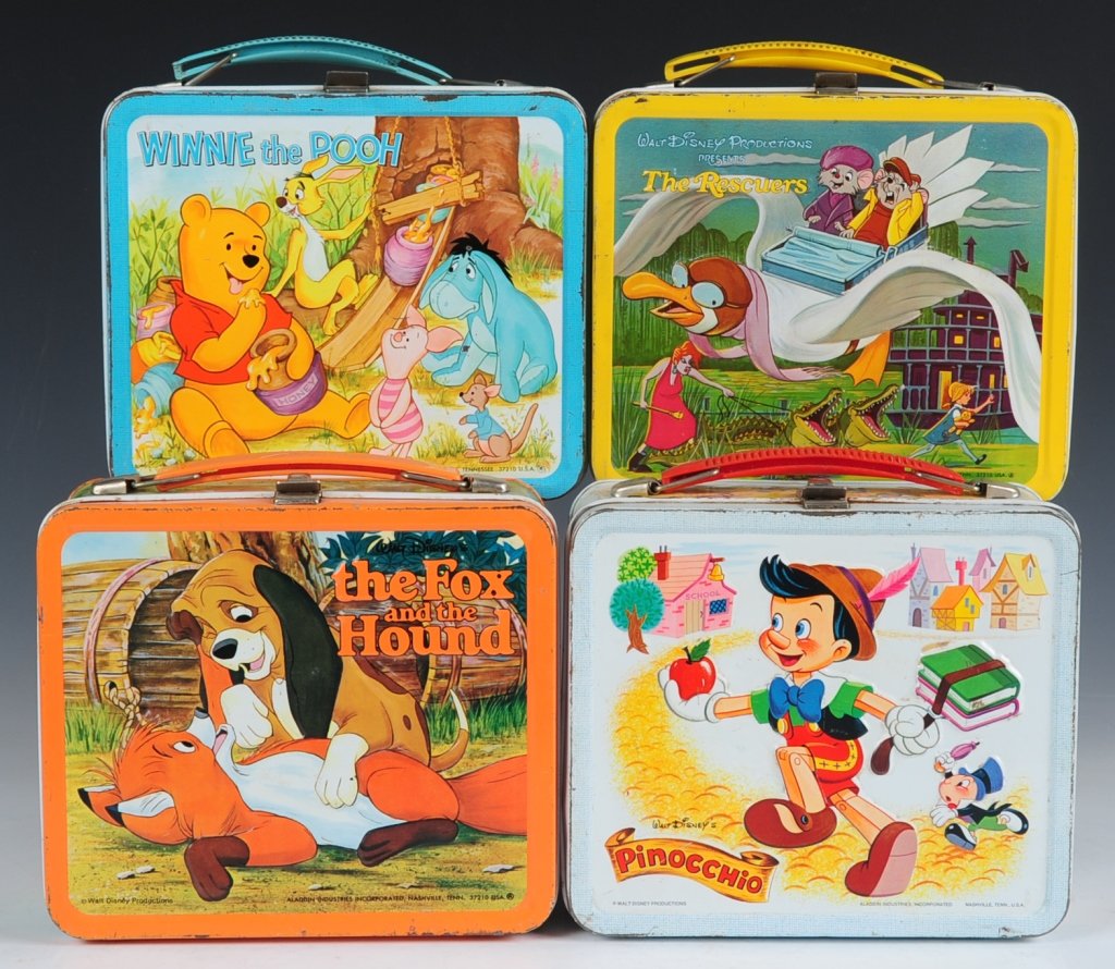 FOUR DISNEY ANIMATED MOVIES AND SHOWS LUNCH BOXES: Includes Winnie the Pooh(1967) with flat imagery, The Rescuers(1977), The Fox and the Hound(1982) with matching plastic thermos and Pinocchio(1971).