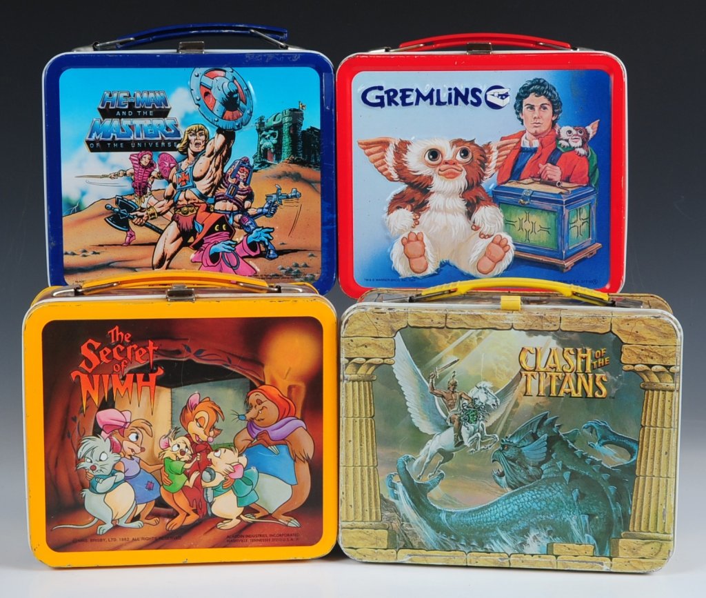 FOUR 80s TV SHOW & MOVIE THEMED LUNCH BOXES: Includes Gremlins(1984), The Secret of Nimh(1982) and Clash of the Titans(1980) all three including matching plastic thermoses, plus a He-Man and the Masters of the Universe(1984) lunch box.
