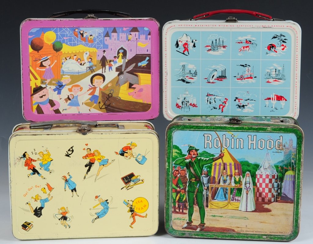 FOUR VINTAGE LUNCH BOXES: Includes Robin Hood(1956) with matching tin-litho thermos, a box with state names and scenery with matching tin-litho thermos, Teenagers(1957) and a box depicting a cartoon theme park.